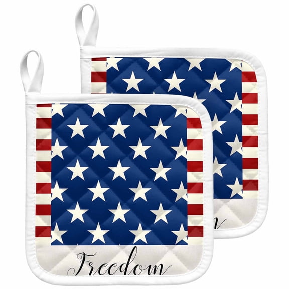 4th of July Pot Holders for Kitchen Heatproof Potholder, 2 Pack Independence Day American Flag Red Striped Blue Star Hot Pads Multipurpose Oven Pads Cloth Potholders Trivet for Cooking and Baking
