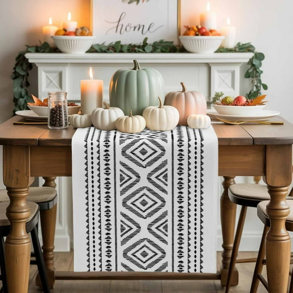 Black White Bohemian Cotton Linen Table Runner, Washable Table Runners for Kitchen, Dining Room, Holiday, Home Party Table Decor, 13x72 Inches