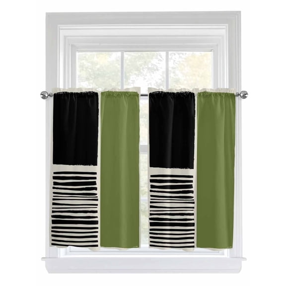 Sage Green Black Bathroom Window Curtain, Farmhouse Striped Modern Abstract Art Light Filtering Coffee Kitchen Curtains, Bedroom Living Room Curtains 2 Panel 84"x45"