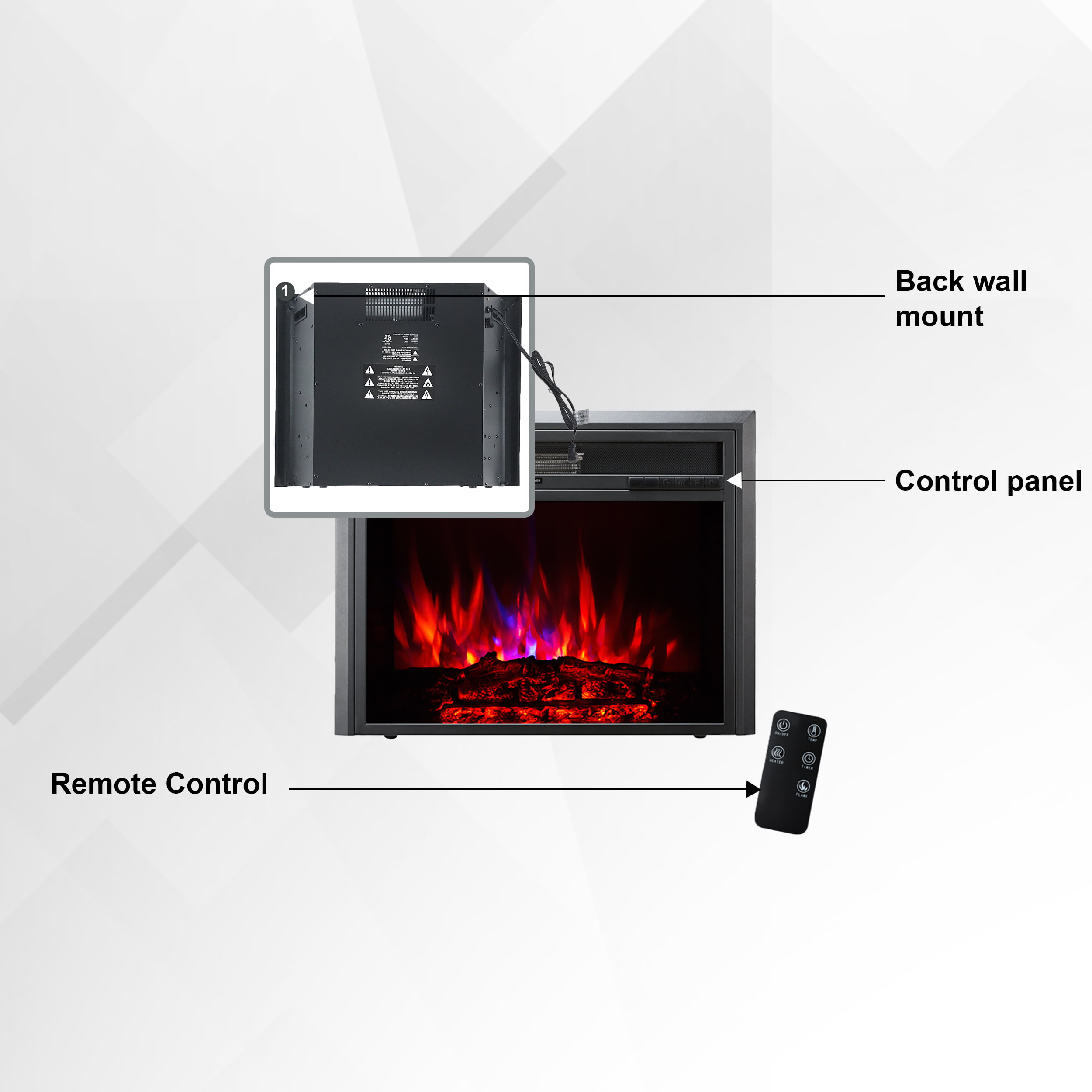 XBrand Insert Fireplace Heater w/Remote Control and LED Flame Effect, 32  Inch Long, Black