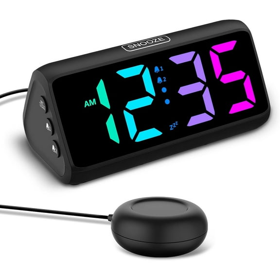 Loud Alarm Clock for Heavy Sleepers, Plug-in RGB Vibrating Alarm Clocks with Bed Shaker, 5 Dimmers, 2 Alarms and Snooze for Bedrooms Hearing Impaired Deaf Adultsf(Black)