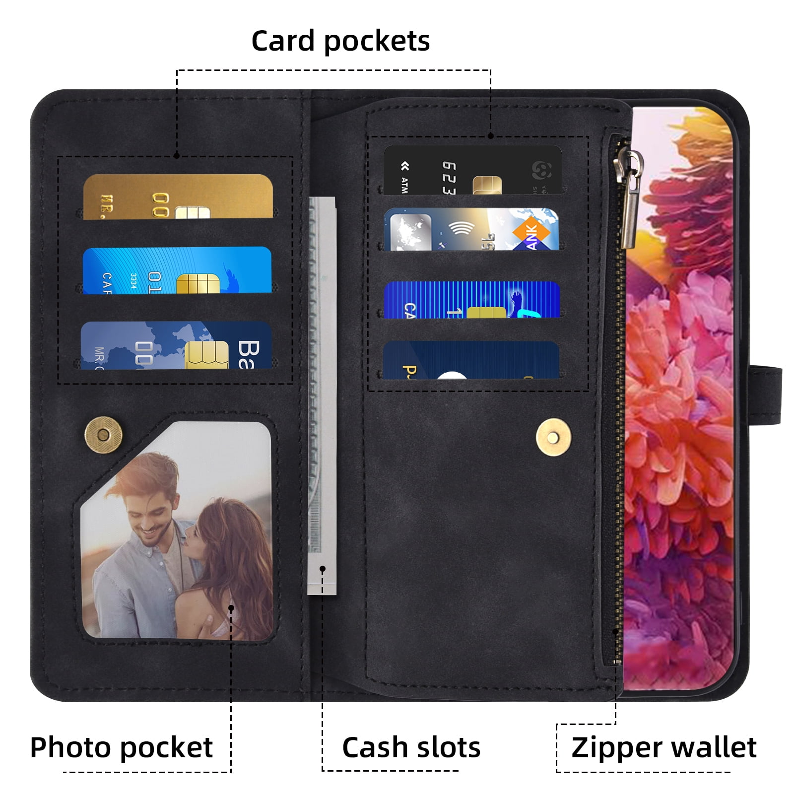 Asuwish Phone Case for Samsung Galaxy S20 FE 5G 6.5 inch Wallet Cover With Screen Protector Flip Pattern Zipper Credit Card Holder Cell S 20 EF UW 2022 S20FE5G S20FE 20S S2O Fan Edition 4G G5 Black