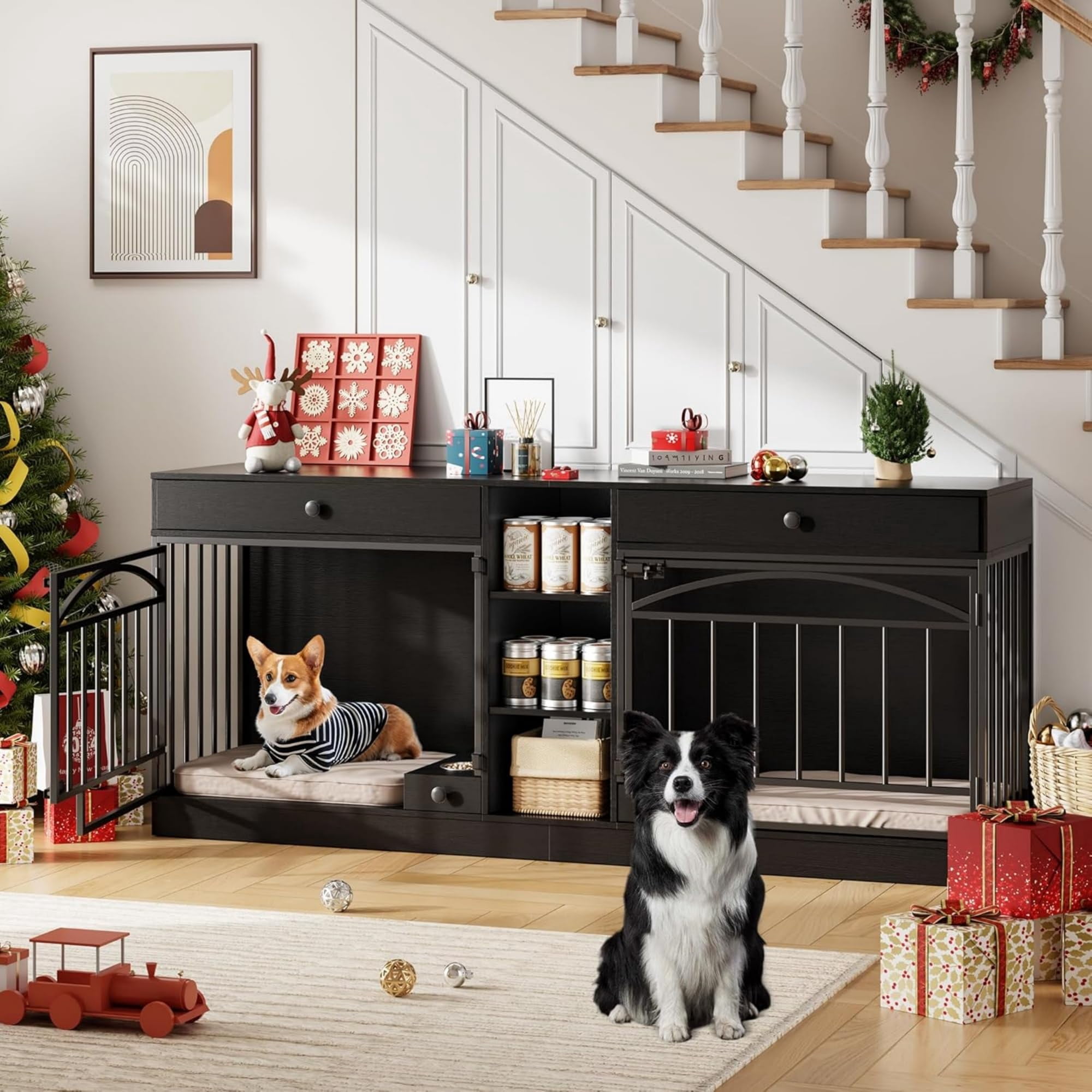 Accreate Dog Crate Furniture for 2 Dog, 78.7'' Large Dog Kennel Indoor with 2 Storage Drawers, 3 Shelves and Feeding Bowls, Double Dog Crate TV Stand for Small and Medium Dogs