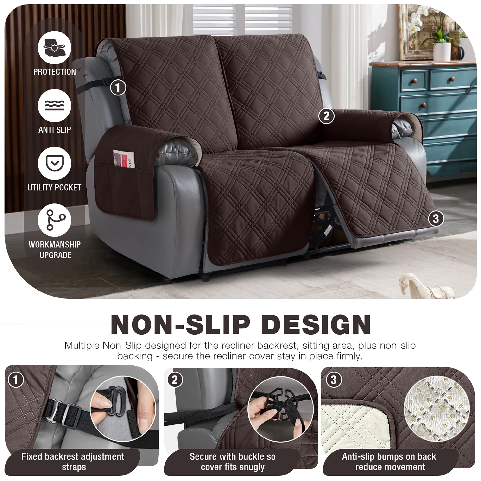 TAOCOCO Waterproof Recliner Couch Covers, Anti-Slip Sofa Slipcovers for Reclining 2 Seater Couch, Split Sofa Cover for Each Seat with Pockets Pets Furniture Protector,Chocolate