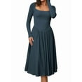 thumbnail image 3 of Women'S Spring and Autumn Fashion Square Neck Long Sleeve Casual A-Line Midi Dress Peacock Green S, 3 of 8