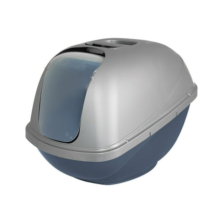 Petmate Basic Hooded Enclosed Cat Litter Pan Covered Plastic Box with Door Large Blue Silver
