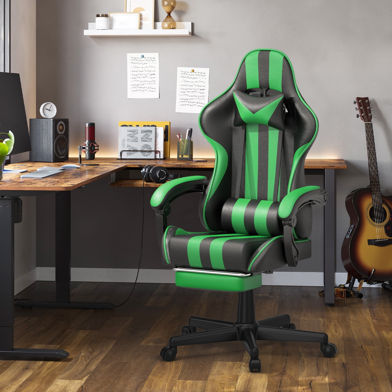 SOONTRANS Gaming Chair, Green Gamer Chair with Footrest, Reclining Office Chair for Adult, Reclining Sturdy Computer Chair with Massage Lumbar Chairs, Game Chairs in Clearance Gift Present