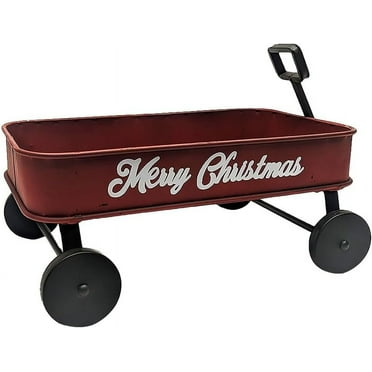 Treasure Gurus Merry Christmas Mini Red Metal Kids Wagon Rolling Kid Toy Cart Holiday Seasonal Home Decor