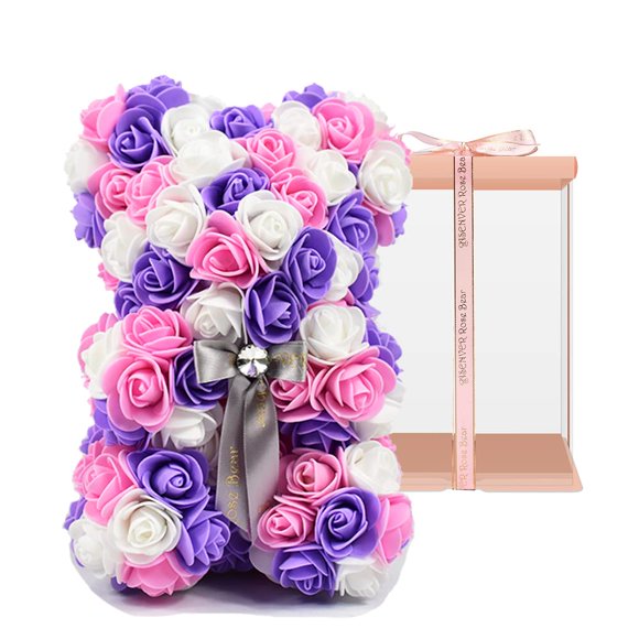 ASENVER Fleurs Artificielles Faites à la Main Rose Ours Couleur Pure pour la Saint-Valentin Anniversaire et Fête des Mères avec une Boîte Cadeau Rose de 10 Pouces (Multi-Couleur-Noyau Rose)