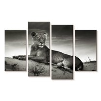 Elephant Stock Lioness Wall Art - Horizontal Multi Panel Canvas - Living Room Wall Decor - Animal Multi Panel - Black And Gray Decor - 75" x 48"