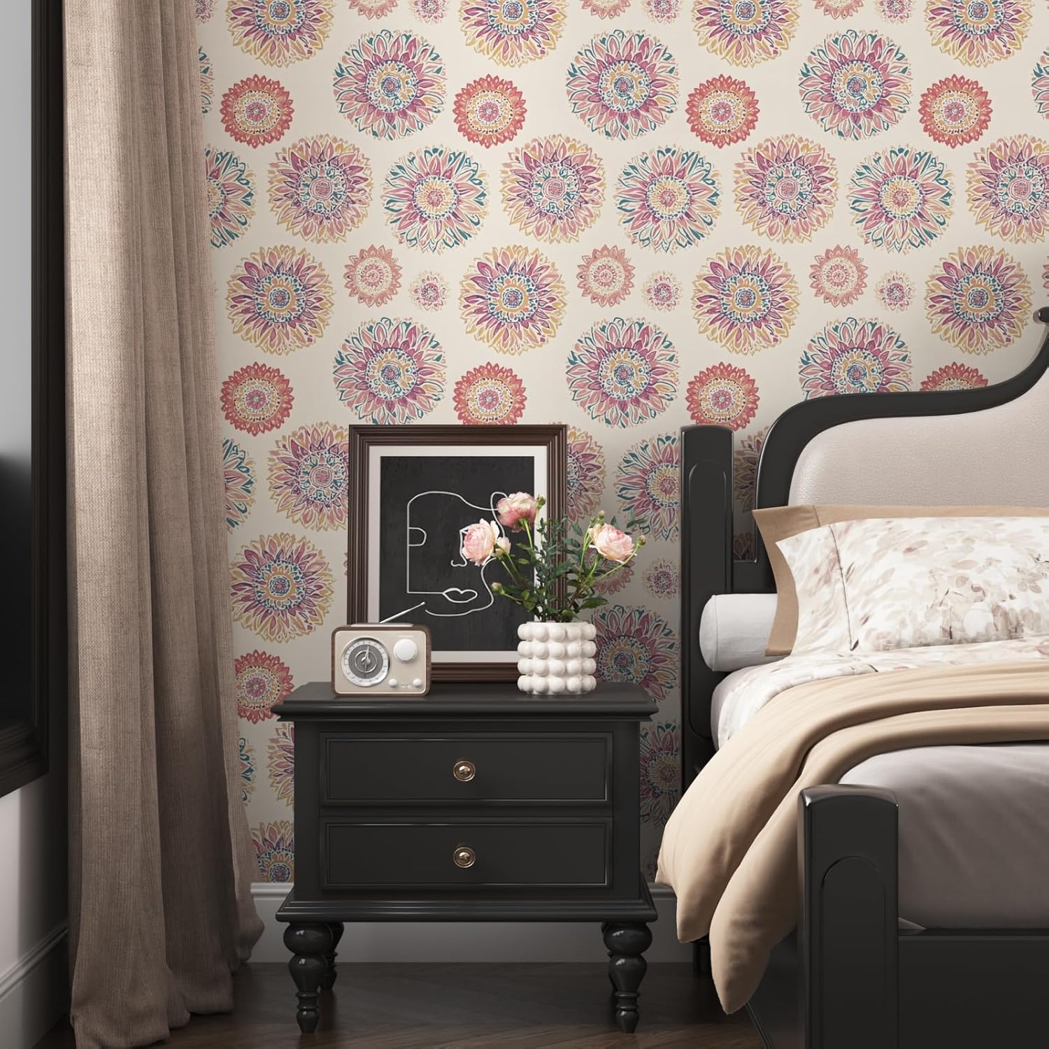 Boho Wallpaper Peel and Stick, Vintage Circle Floral Contact Paper, Abstact Beige/Blue/Pink Retro Flower Wall Paper Self Adhesive Removable Waterproof for Walls Shelves Cabinet Table 17.5" x 118"