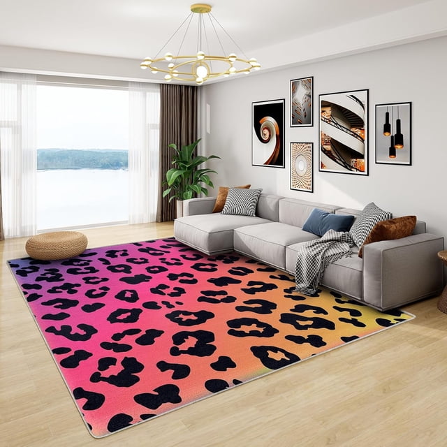 Leopard Print Rugs for Bedroom - 5x8 Rug - Leopard Rug - Neon Cheetah Print Area Rug - Ombre Animal Print Rugs - Girls Gradient Carpet
