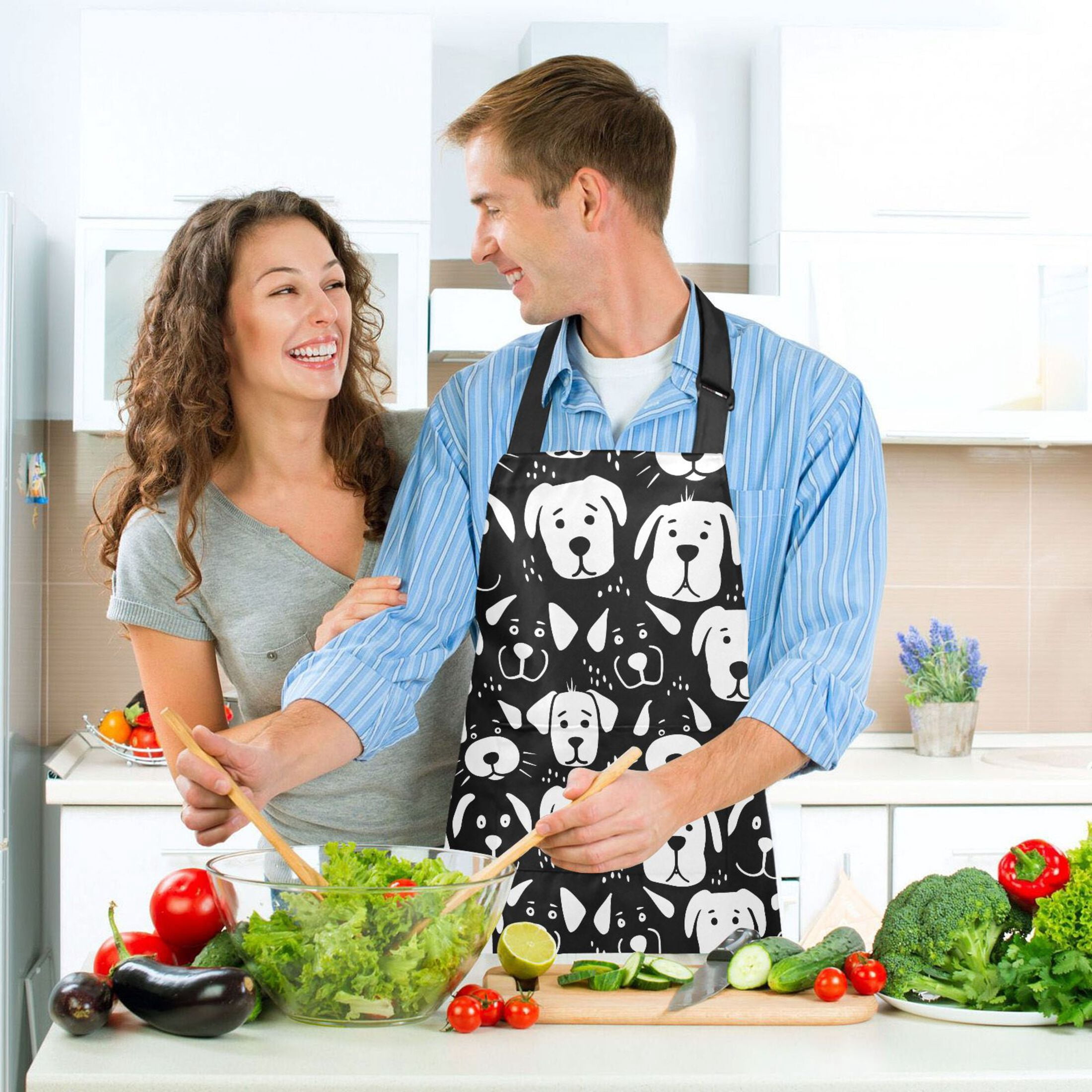 5 Pcs Kitchen Set Heat Resistant Oven Mitts and Non-Slip Pot Holders with Adjustable Cooking Apron Black White Dog Face