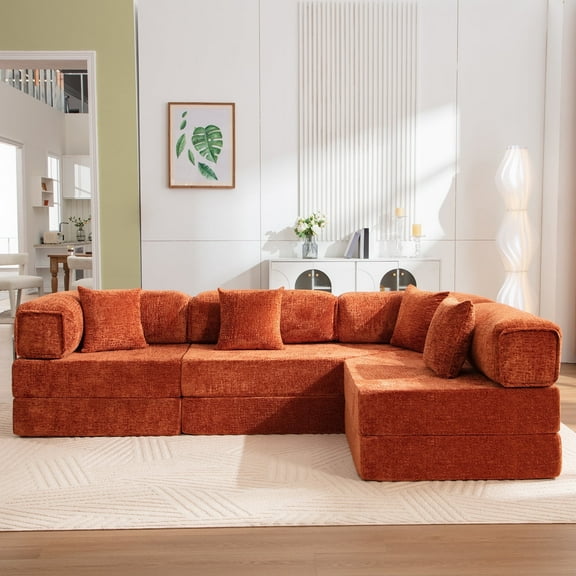 COOLHUT 106.3" W Combination Floor Sofa, High Density Sponge Sofa Couch, Modular Sectional Sofa L-Shape Cheillen Couch with Chaise, Big Comfy Sleeper Floor Sofa for Living Room, Reddish Brown