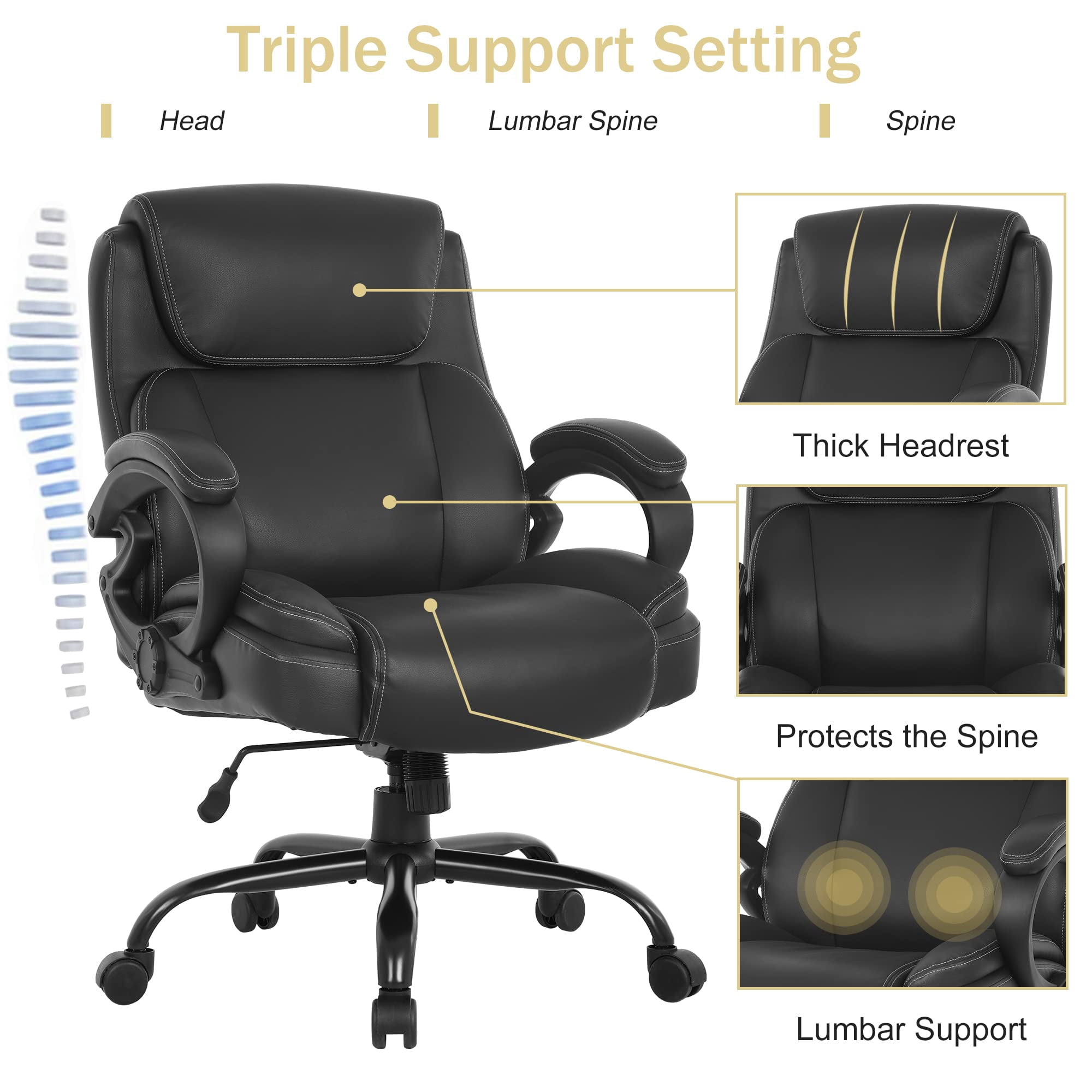 400lb Heavy Duty Office Chair, Ergonomic 43" H High-Back Executive Chair with Adjustable Lumbar Support