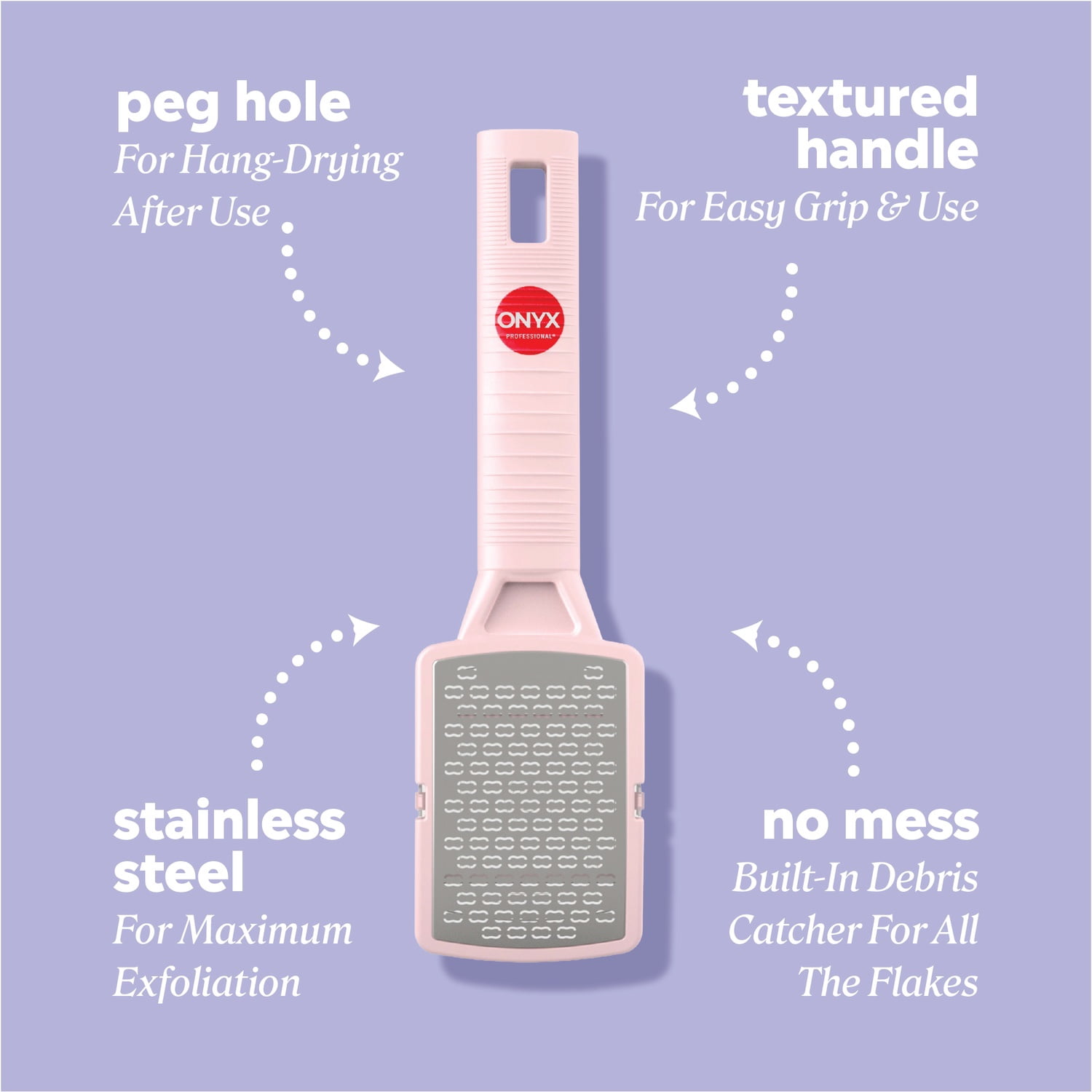 ONYX Professional Stainless Steel Foot Rasp with Debris Catcher, Ergonomic Silicone Handle