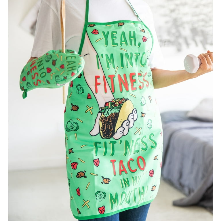 Fitness Taco Funny Kitchen Apron and Oven Mitts Humorous Gym Graphic  Novelty Cooking Accessories (Oven Mitt + Apron)