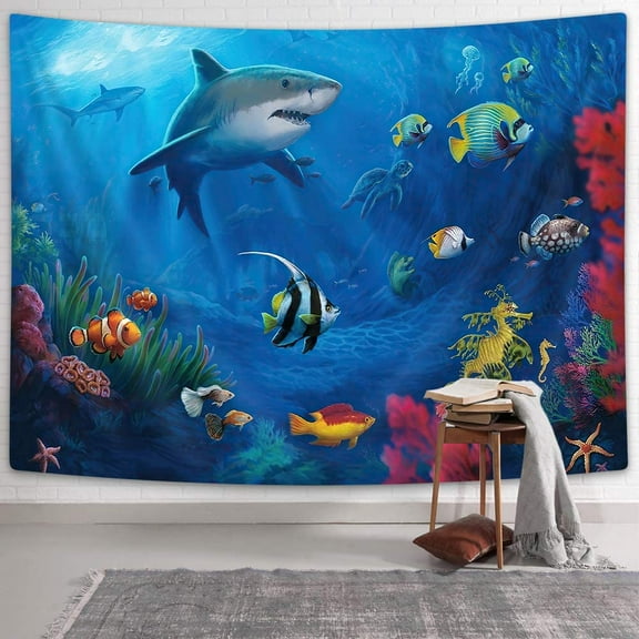 Lacoiime Shark Tapestry Tropical Fish Undersea World Tapestry Wall Hanging Art, Sea Turtle Jellyfish Ocean Animals Tapestries for Bedroom Living Room Dorm Party Decor, Blue
