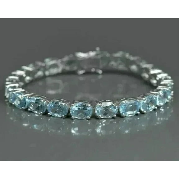 9Ct Round Lab-Created Aquamarine & Diamond Tennis Bracelet – 7.5 Inch, 14K White Gold Plated, Elegant Women’s Cubic Zirconia Jewelry Gift