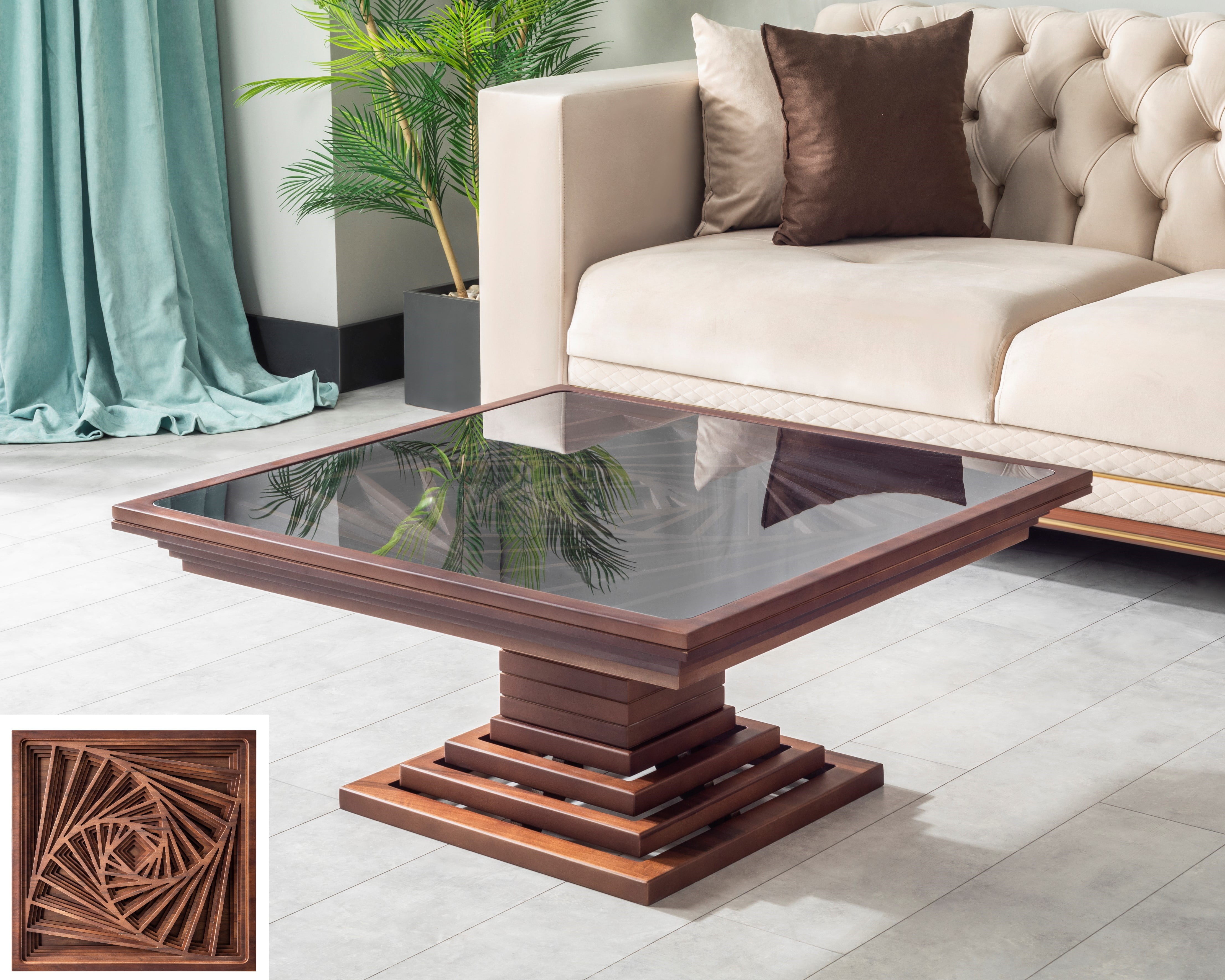 Papella Model Mercan Brown Wooden Coffee Table with Glass Rustic Table