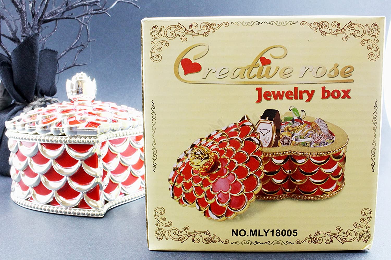 Quality Design Heart Shape Jewelry Treasure Box Red Gold Dresser Organizer Decor KT00045
