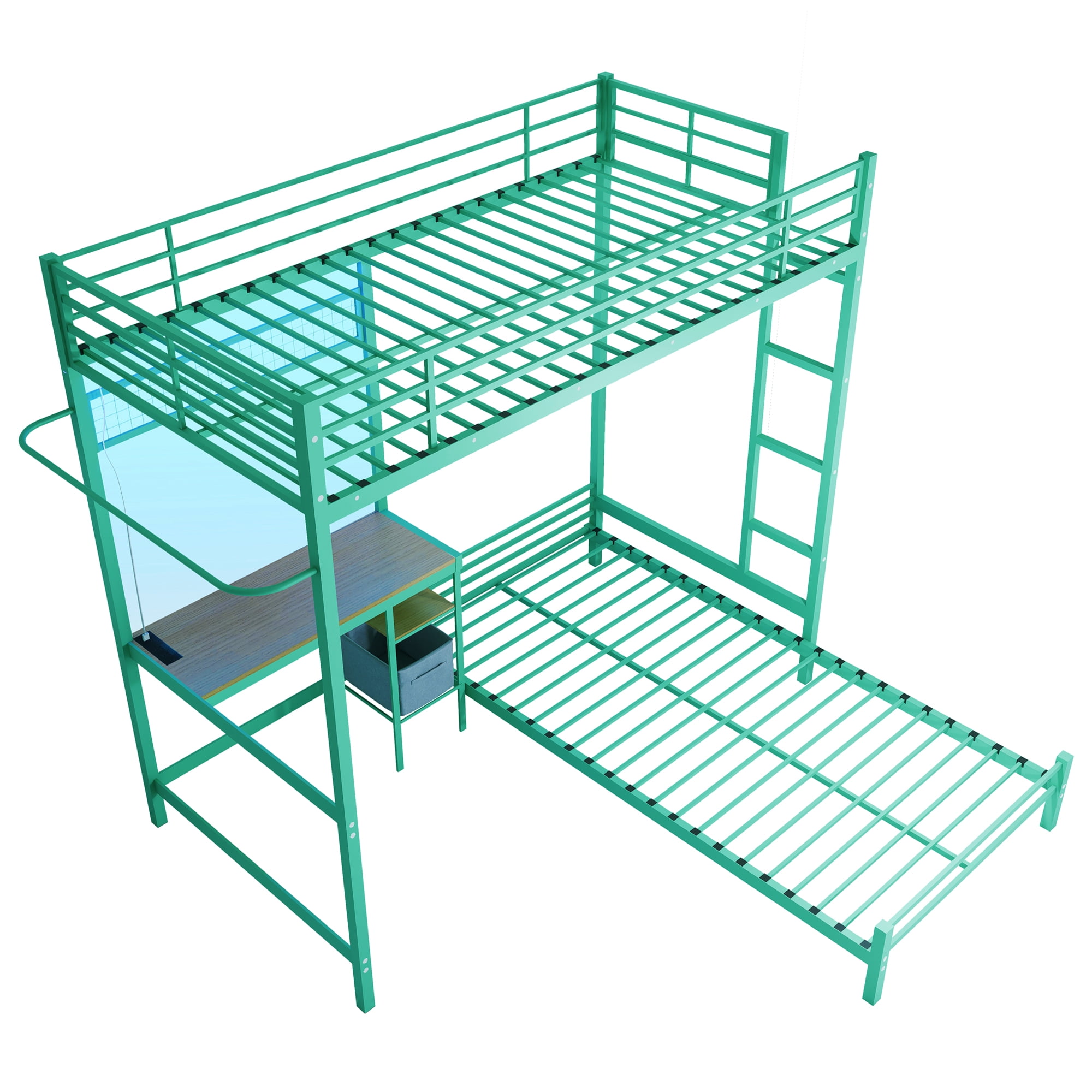 Aukfa Twin over Twin Bunk Bed with Desk, LED Light & Storage Shelves, L-Shaped Metal Bunk Bed for Teens & Kids, Green