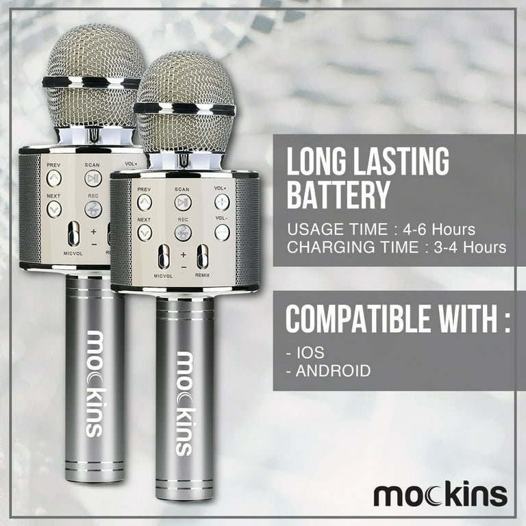 2 Pieces Mockins Silver Wireless Bluetooth Karaoke Microphone