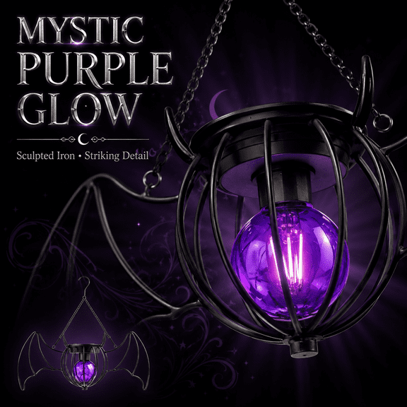 Solar Metal Bat Hanging Light, Black Wire Bat Frame with Purple Glass Bulb, Waterproof Outdoor Halloween Lantern for Porch Tree Garden Patio Yard & Seasonal Landscape Decor, Spooky Yard Accent
