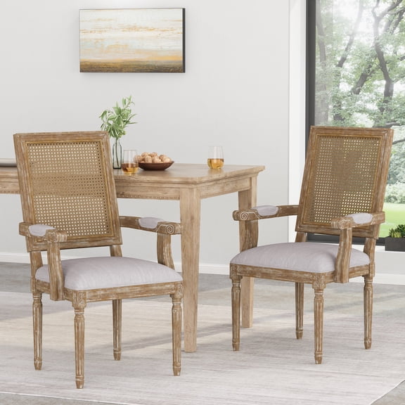 FFZ 39.75"Tall Wood Dining Chair Set of 2 with Padded Armrests, Cane Backrest, Light Grey