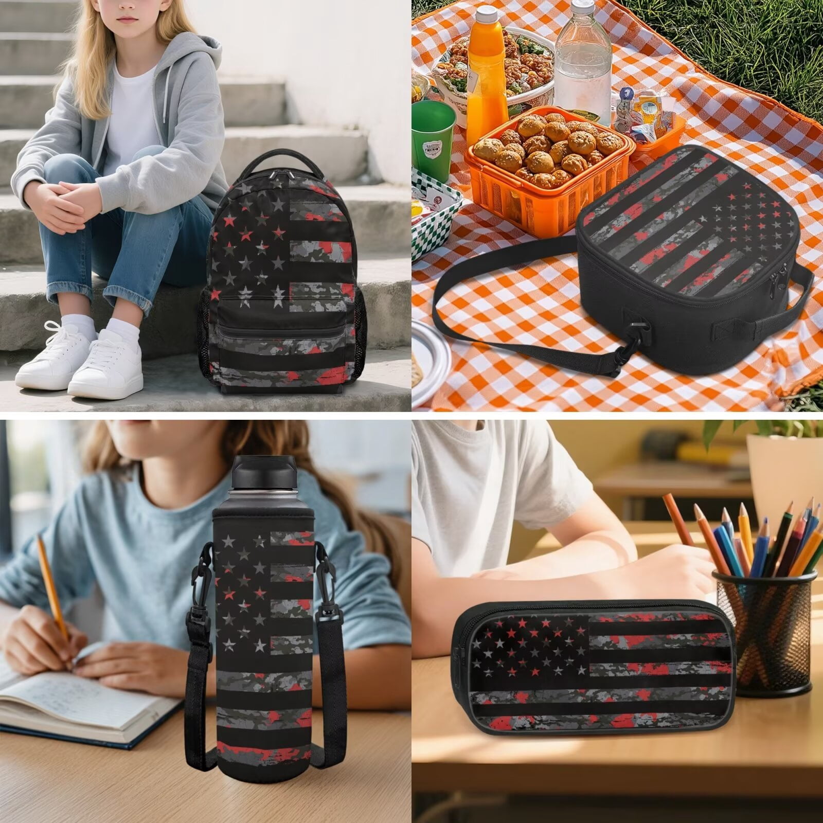 Pzuqiu Camo US Flag Kids School Bags Set of 5 Backpack for Boys Travel Bag with Adjustable Shoulder Strap Bookbag with Lunchbox Pencil Case Water Bottle Bag