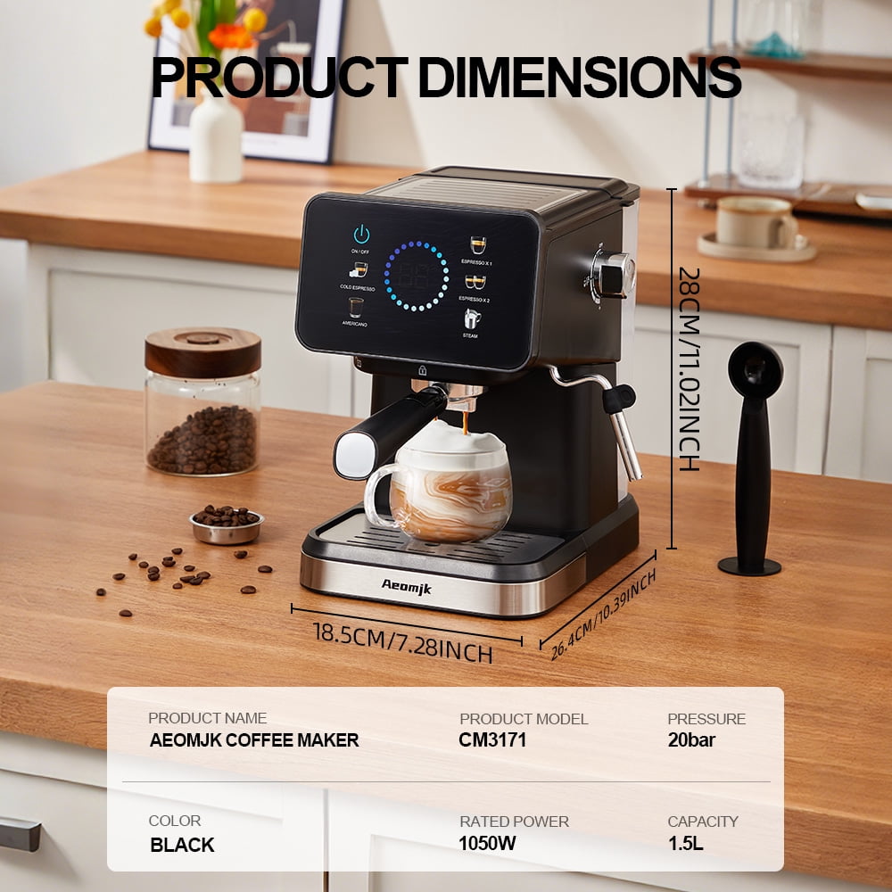 AEOMJK espresso machine with touchscreen operation, 20BAR pressure, capable of making both cold and hot coffee, equipped with a steam wand for frothing