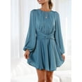 thumbnail image 2 of KelaJuan Women Spring Casual A-line Dress Solid Color Round Neck Long Lantern Sleeve Dress Fashion Back Tie-Up Mini Dress, 2 of 6