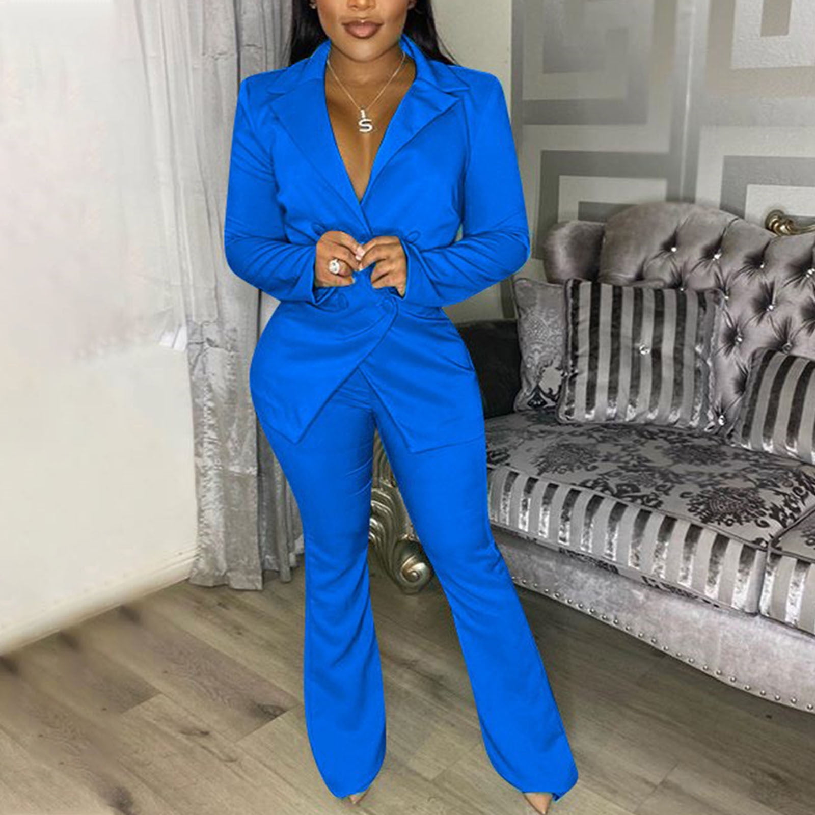 YWDJ 2 Piece Outfits for Women Dressy Plus Size 's Fashion Casual Loose  Solid Color Suit Suit Office Two-piece Suit Blue XL 