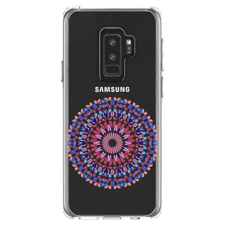 DistinctInk Clear Shockproof Hybrid Case for Samsung Galaxy S9+ PLUS (6.2 Screen) - TPU Bumper Acrylic Back Tempered Glass Screen Protector - Modern Mandala - Blue Red Pink