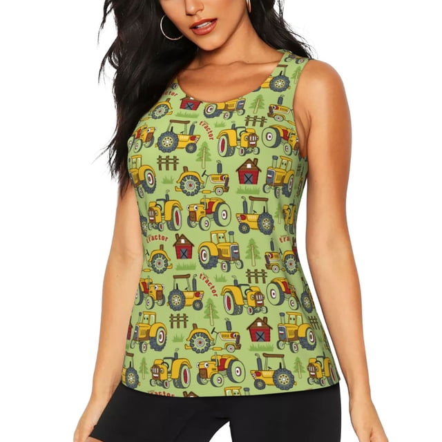 Balery Cute Tractor Camiseta sin mangas estampada ligera para mujer, tops de entrenamiento sin mangas, camisetas de yoga transpirables de secado rápido.-Large