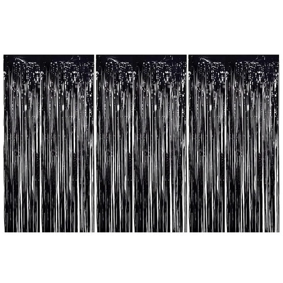 Pedty 3Pcs Black Metallic Foil Fringe Curtains Black Photo Booth Streamer Curtain Photo Booth Props Party Birthday Halloween Christmas New Year Decor, Polyester Curtains, Curtain