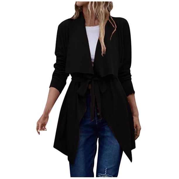 ICHUANYI Clearance Women Fashion Long Sleeve V-neck Windbreak Solid Color Tether Waist Retraction Overcoat(Black, M) ICHUANYI WER2023081513835