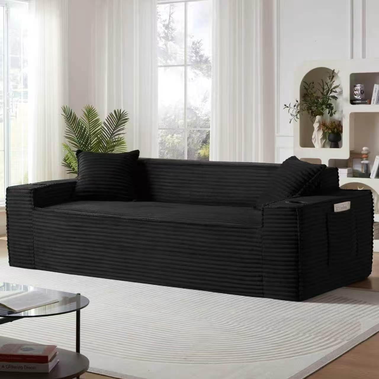 80.7" Boneless Sofa Couches with Cup Holder,3 Seat Couch with Side Pocket, Cloud Couch for Compact Living Rooms, Apartments，Black