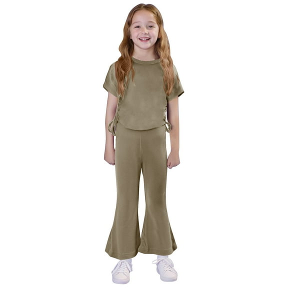 Vunhao Big Girls' Fashion Classic Fit Crew Neck Short Sleeve Top and Flared Full - Length Pants Two - piece Set,Army Green,Size 6 T