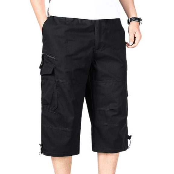 Jinda Men's Cotton Capri Pants Long Shorts Loose Work Utility Soft Comfy Lightweight Athletic Casual Pants Black Small