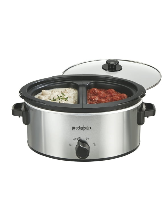 Proctor Silex Double Dish Slow Cooker with 6 Quart Crock and Dual 2.5 Qt Non-Stick Insert to Cook Two Meals at Once, Silver, 33563