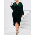 thumbnail image 3 of Women's Plus Size Velvet Long Sleeve V Neck Bodycon Ruched Wrap Casual Party Cocktail Dresses, Navy Blue - 5XL, 3 of 8