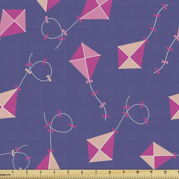 Kites Upholstery Fabric by the Yard, Pink Tone Kites Pattern with Geometric Lines and Ribbons Summer Season Design, Decorative Fabric for DIY and Home Accents, 3 Yards, Multicolor by Ambesonne