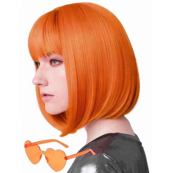 MIUSKATL Peluca y gafas de sol de 12.0 in con flequillo corto para mujer, disfraz de fiesta de cosplay (naranja)