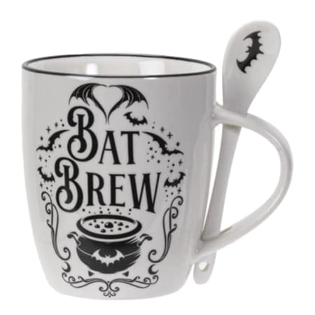 Pacific Giftware Bat Brew Mug and Spoon Set, Gothic China Tea Kit with 2 Pieces, 5.31 Inches x 3.78 Inches x 4.29 Inches, 13 FL OZ