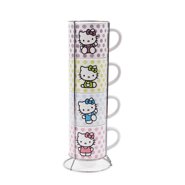 Juego de tazas Silver Buffalo Sanrio Hello Kitty de 4 piezas con estante