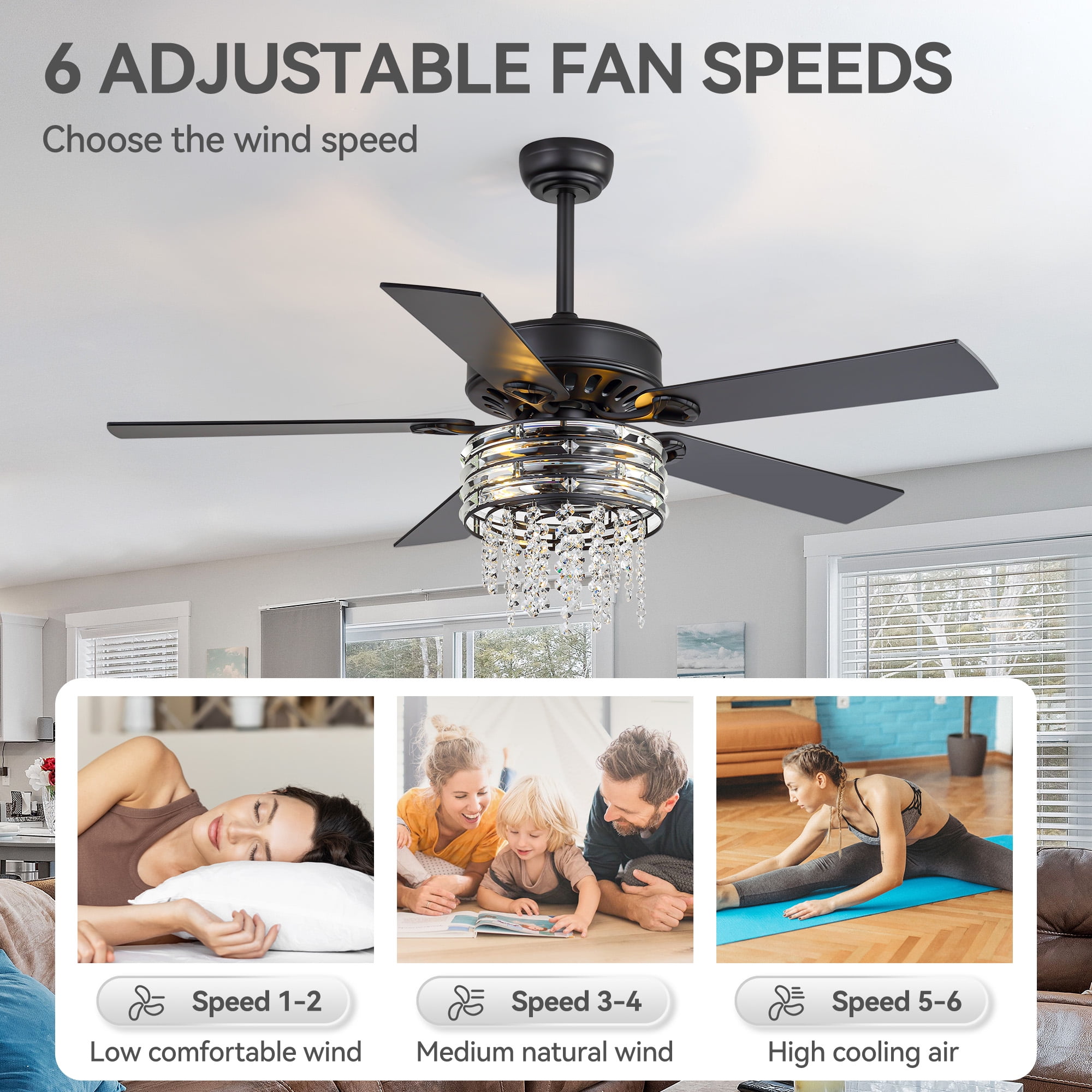 ALKAFY 52 inch Matte Black Ceiling Fan with Lights - 5 Dual-Sided Plywood Blades, 6 Speeds, Remote, for Bedroom & Living Room