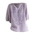 thumbnail image 4 of Women's Long Sleeve T-shirt Women'S Embroidered Top Cotton Linen Puff Short Sleeve Crewneck Boho Blouse Casual Button Down T Shirts,Purple Women's Long sleeve T-shirt M, 4 of 4