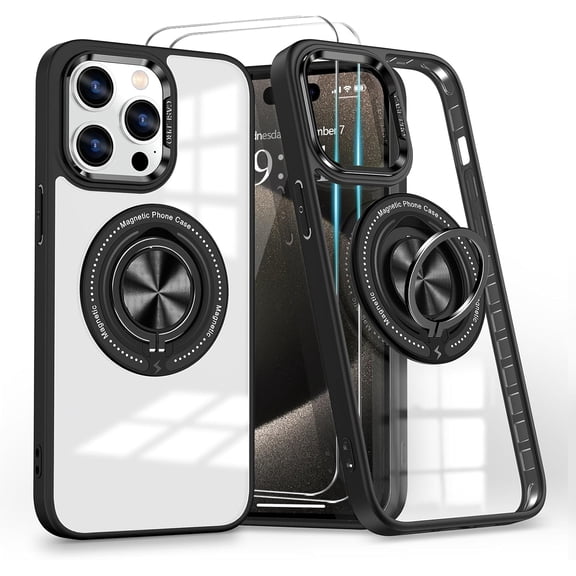 Magnetic for iPhone 15 Pro Case with 360° Ring Holder Kickstand [Compatible with MagSafe][2Pcs Screen Protector] Clear Shockproof Cover Drop Protection Phone Case for iPhone 15 Pro, Black