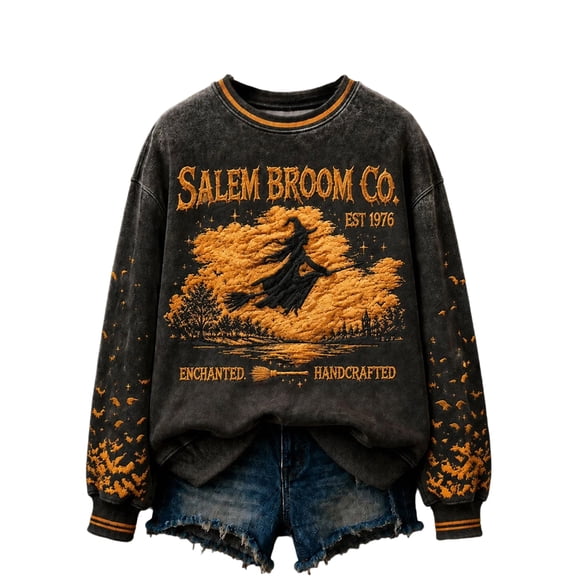 Sweatshirt for Women Oversized Crew Neck Vintage Full Moon Witch Graphic Long Sleeve Pullover Casual Fall Halloween Party Top Brown XL